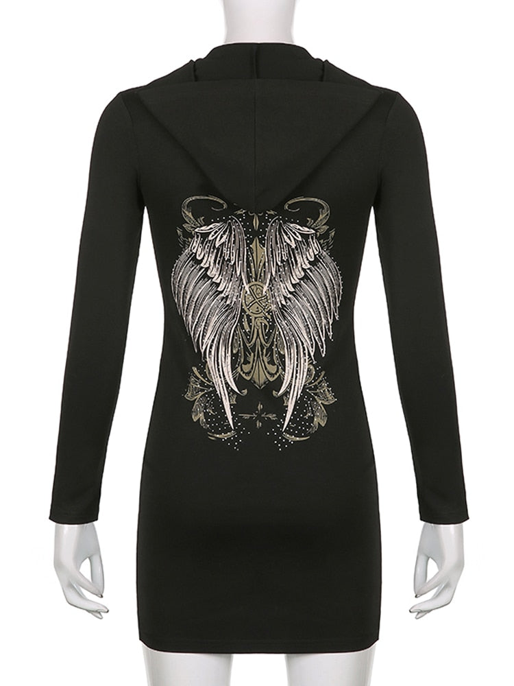 Gothic Grunge Fairycore Wings Printed Graphic Zipper Hooded Bodycon Dark Academia Autumn Mini Dresses Y2K Dress The Clothing Company Sydney