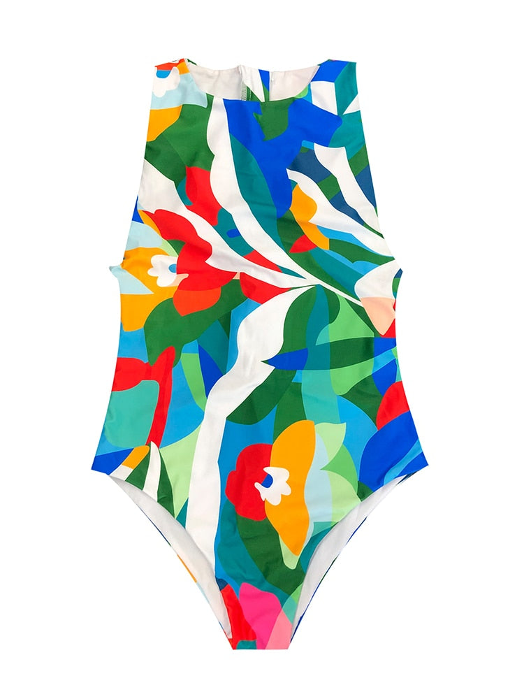 High cut swimsuit One piece swimwear vintage print bikini zipper Monokini bathing suits push up beachwear The Clothing Company Sydney
