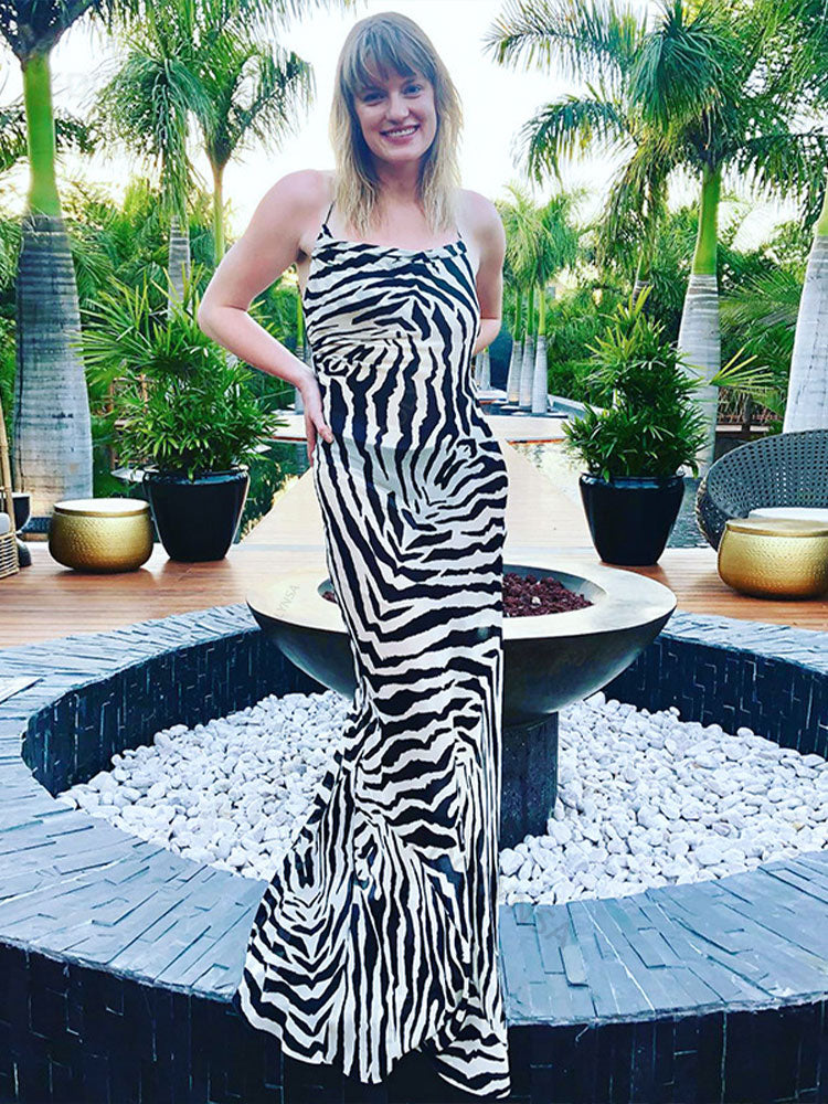 Zebra Pattern Spaghetti Strap Side Split Back Open Long Beach Dress Summer Clothes Women Beach Wear Swim Suit Cover Up The Clothing Company Sydney