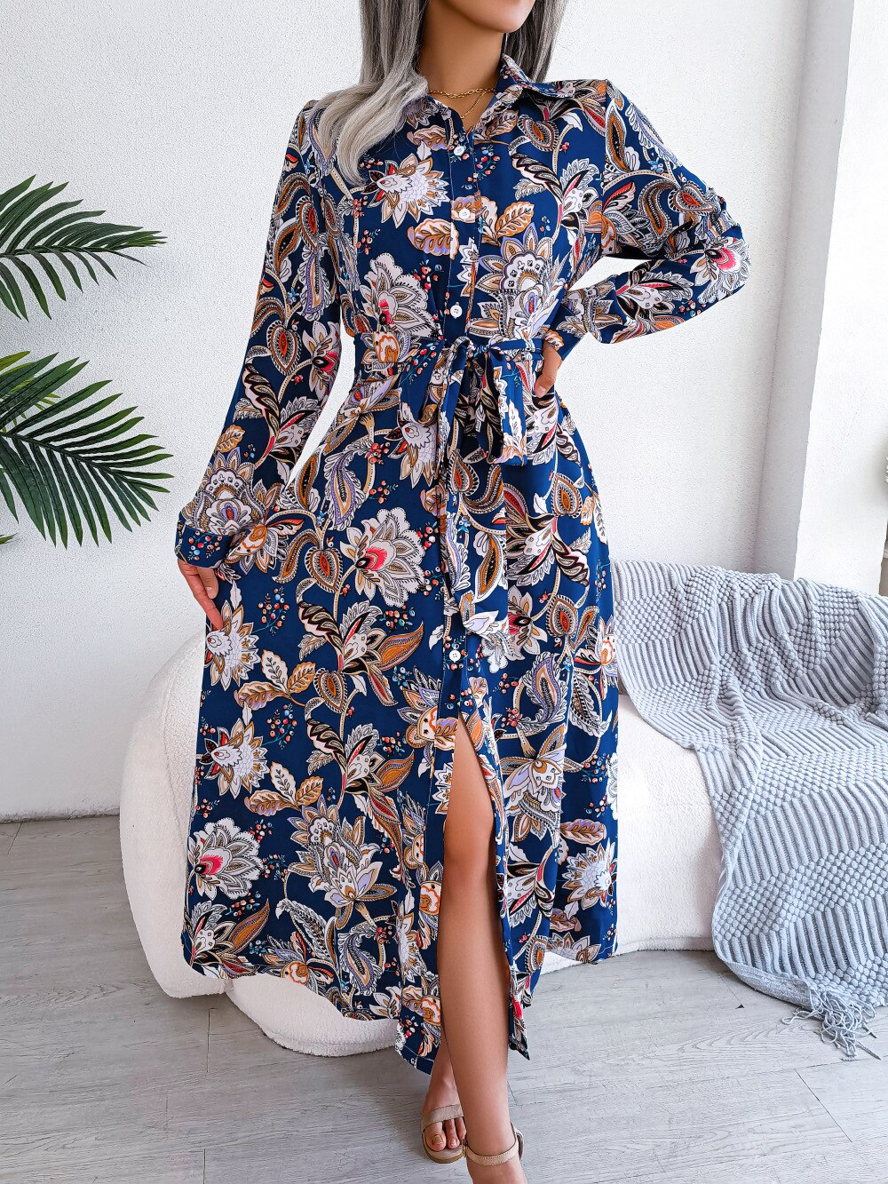 Spring Summer Retro Floral Collar Long Sleeve Tie Up Shirt Dress For Ladies Fashion All Match Print Dresses The Clothing Company Sydney