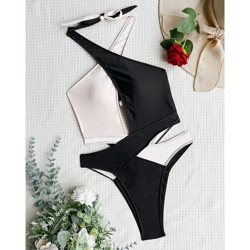 Cut Out Swimsuit One Piece Colorblock Swimwear Wrap Halter Monokini High Cut Bathing Suit Bodysuit Beachwear The Clothing Company Sydney