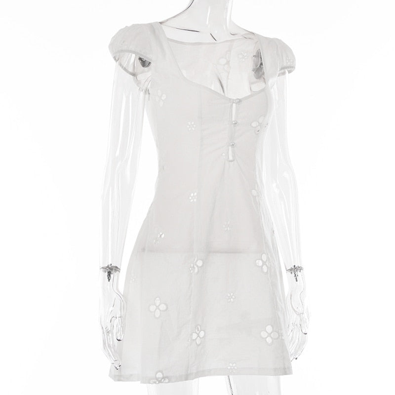 Square Neck Black White Mini Summer High Waist Short Sleeve Beachwear Bodycon Hollow Out Sundress Dress The Clothing Company Sydney