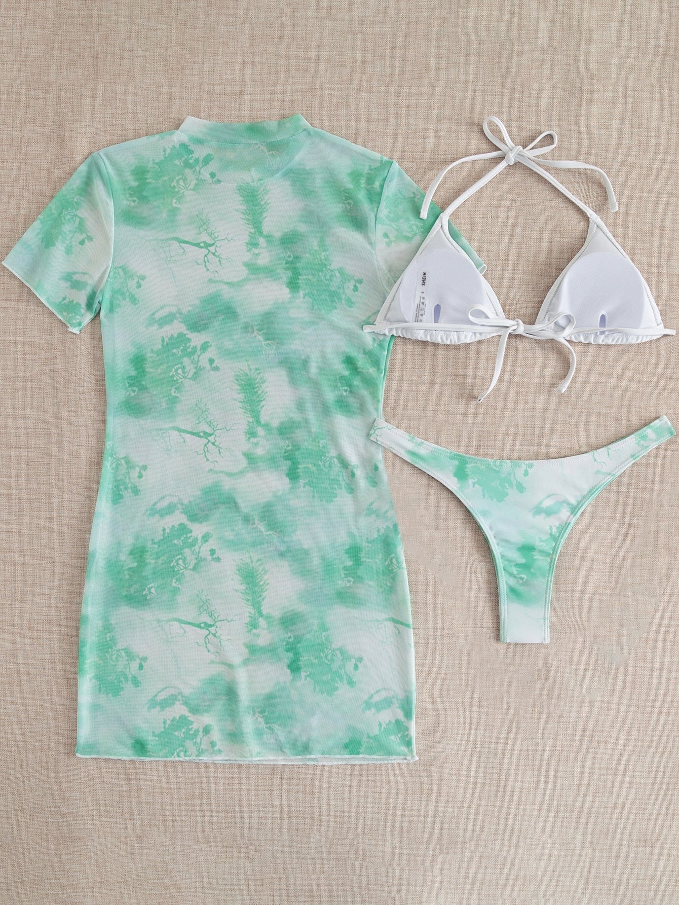 Slit Cuff Plunge Neck Three Piece Bikini Set with Cover Up Plain Swimsuit Women Swimwear Summer Beach Bathing Suit The Clothing Company Sydney