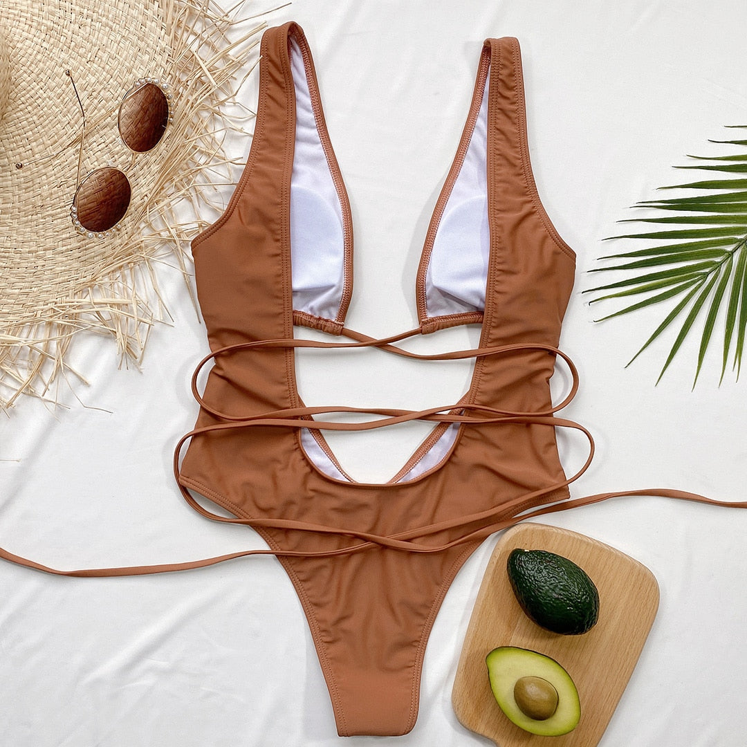 Bandage Wrap Around Tummy Cut Out Deep V Monokini One Piece Swimsuit Swimwear Bather Bathing Suit