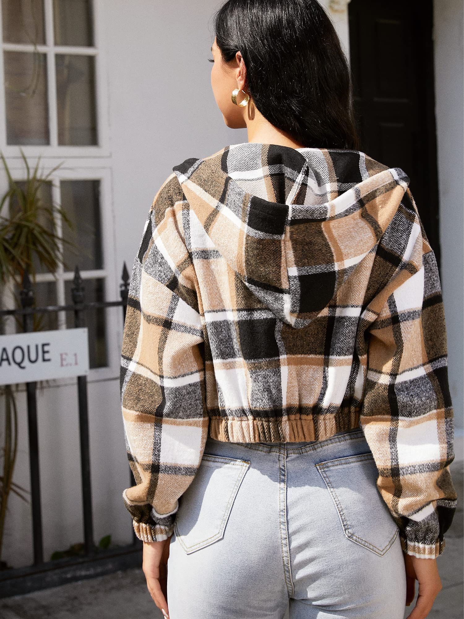 Plaid Flannel Flap Pocket Zip Hooded Jacket Women's Drop Shoulder Coat Zip Up Short Jacket Winter Outwear The Clothing Company Sydney