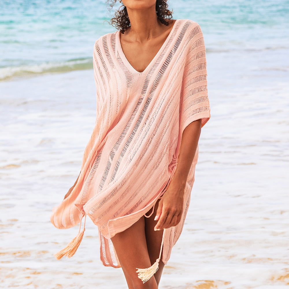 Pink V neck Crochet Mini Dress Bat Sleeve Loose Casual Hollow Out T-shirt Dress Beach Bikini Cover Up The Clothing Company Sydney
