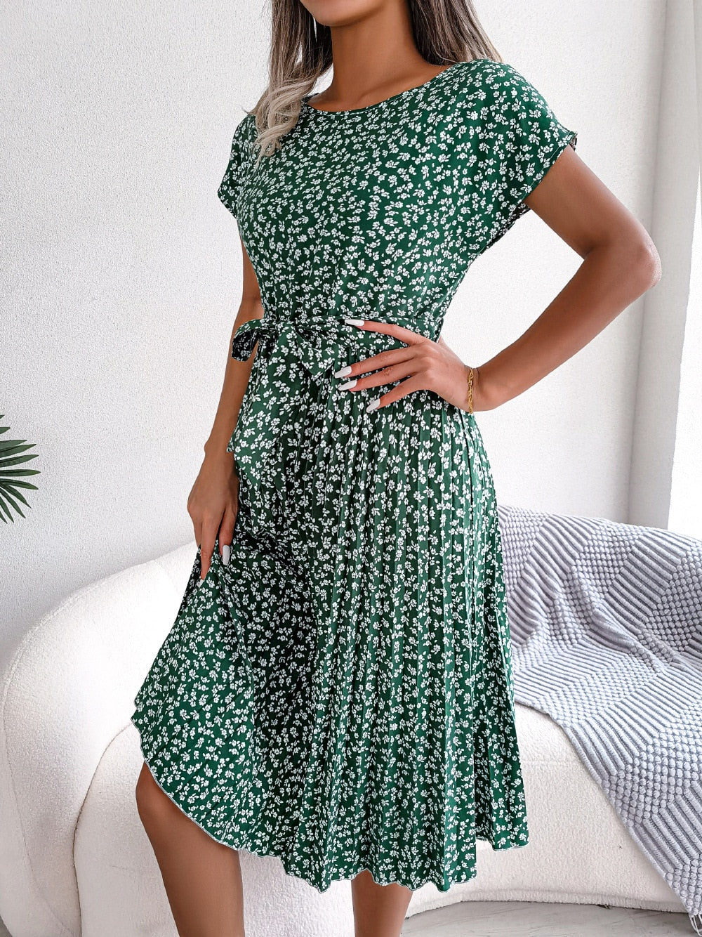 Floral Pleated A Line Long Dress Spring Summer Short Sleeve High Waist Chic Dress The Clothing Company Sydney