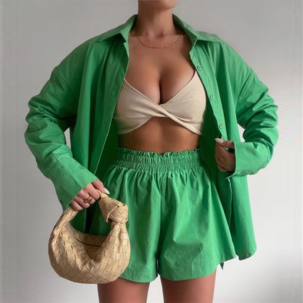 Women's Tracksuits Shirt With Mini Shorts Cotton Two Pieces Sets Fashion Clothing Outfits Blouse Set The Clothing Company Sydney
