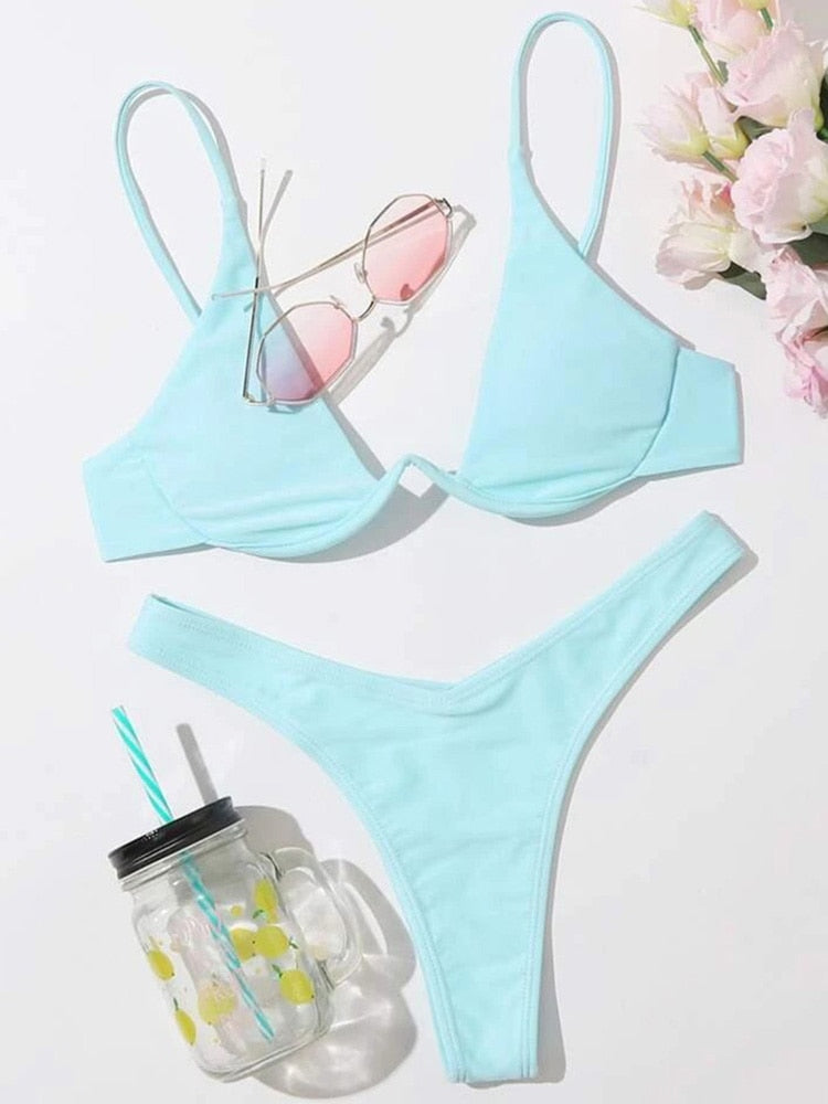 Neon V-bar Underwired Bikini Ribbed Swimsuit Women Thong Swimwear Two-pieces Bikini set Push up Bathing Suit The Clothing Company Sydney