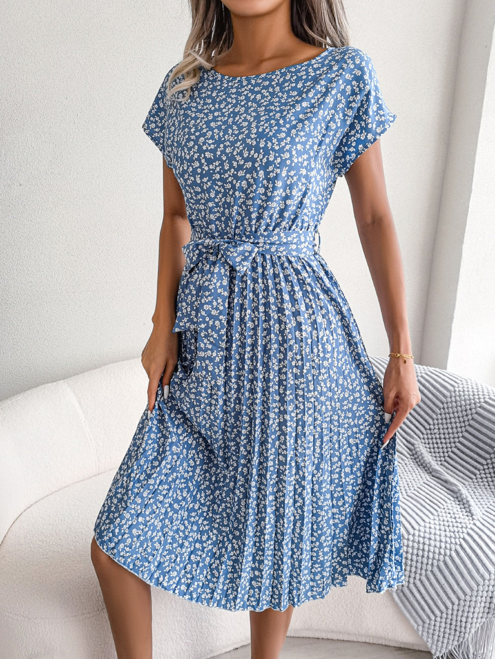 Floral Pleated A Line Long Dress Spring Summer Short Sleeve High Waist Chic Dress The Clothing Company Sydney