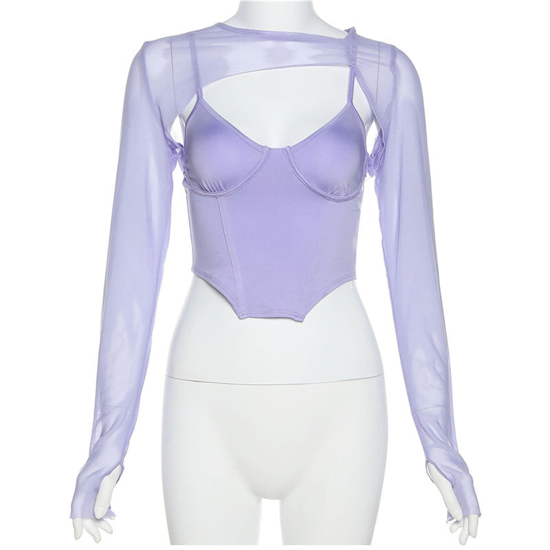 Summer Long Sleeve Crop Top T-shirt Bustier Corset And Mesh Top Two Piece Tee Shirt Sexy Fashion Y2K Top The Clothing Company Sydney