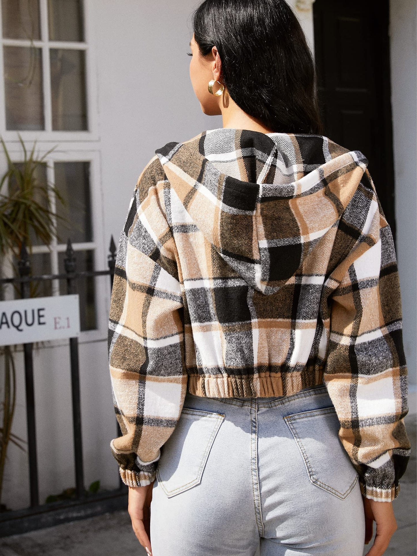 Plaid Flannel Flap Pocket Zip Hooded Jacket Women's Drop Shoulder Coat Zip Up Short Jacket Winter Outwear The Clothing Company Sydney