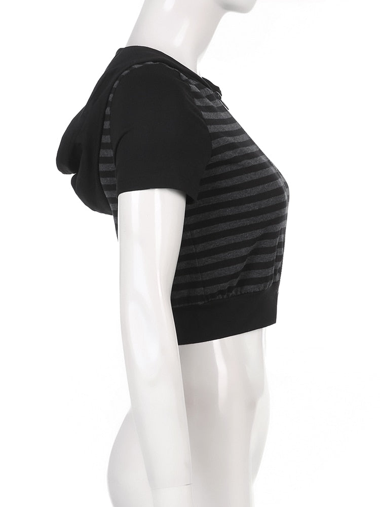 Grunge Goth Stripe Hooded Female T-shirt Zipper Y2K Crop Top Dark Academia Basic Summer Tee Outfits Vintage Top The Clothing Company Sydney