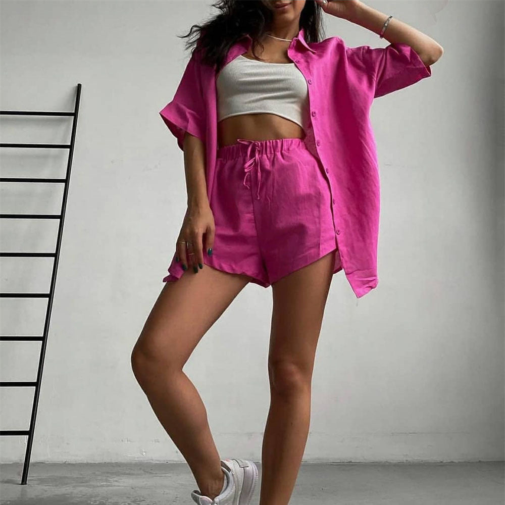 2 Piece Long Sleeve Shirt With Mini Shorts Cotton Stretch Waist Two Pieces Ladies Outfits Blouses Fashion Set The Clothing Company Sydney