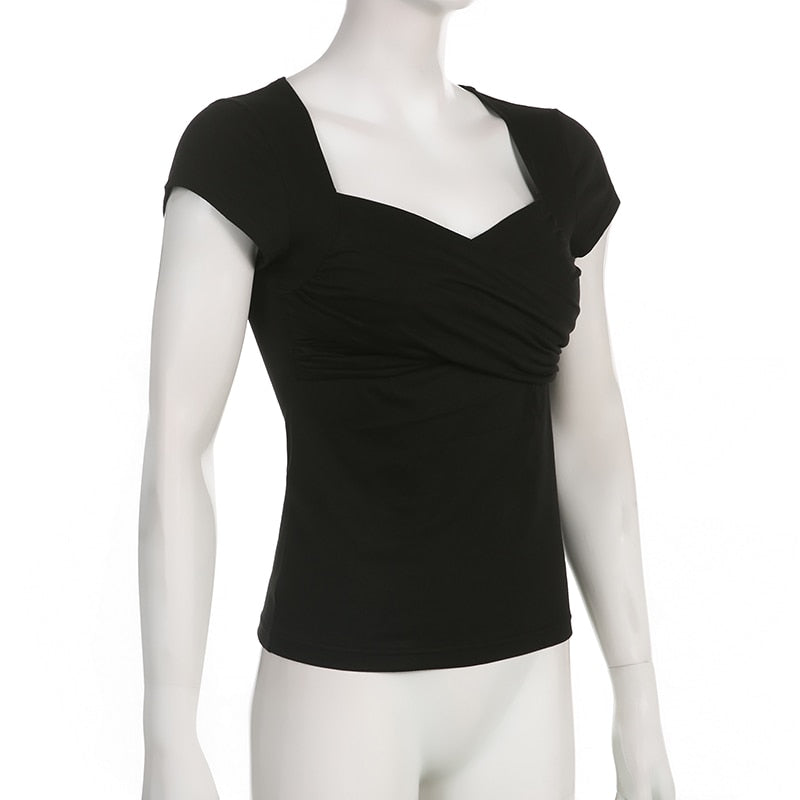 Y2K Cross Crop Top Folds Black Square Collar T Shirt Short Sleeve Square Collar Cute Chic Tee Grunge Tee Retro Top The Clothing Company Sydney