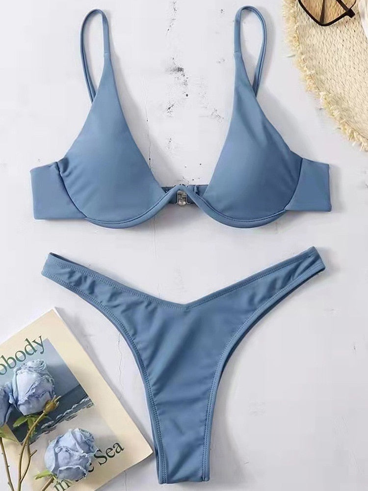 Neon V-bar Underwired Bikini Ribbed Swimsuit Women Thong Swimwear Two-pieces Bikini set Push up Bathing Suit The Clothing Company Sydney