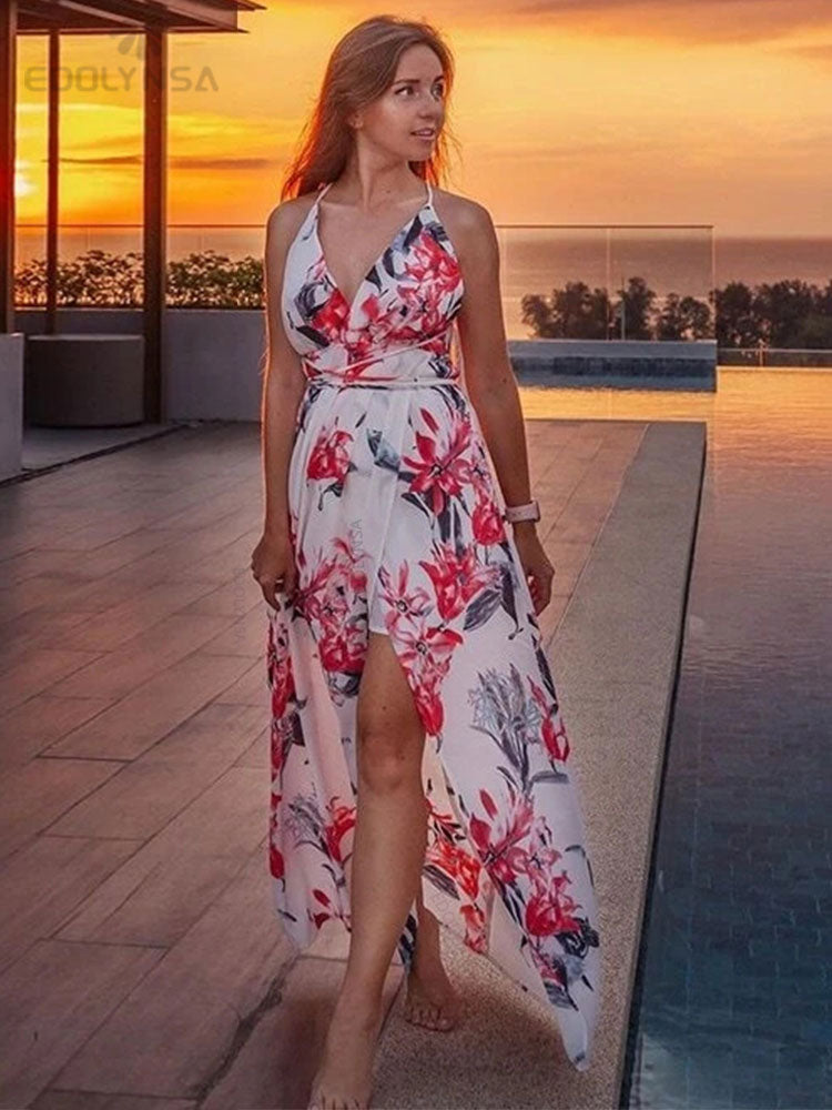 Elegant Ladies Print Spaghetti Strap Beach Holiday High Waist A-line Dress Casual Summer Split Dress The Clothing Company Sydney