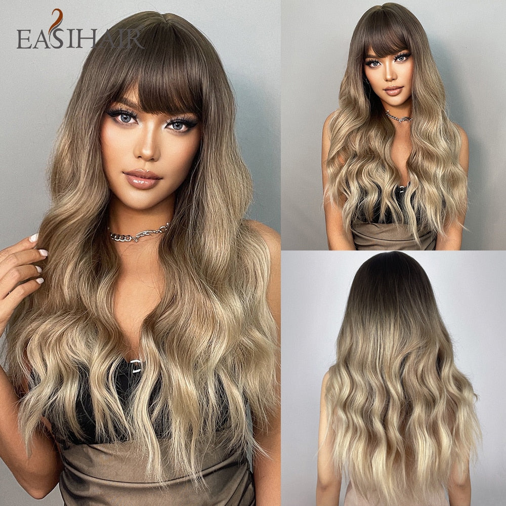 Brown Mixed Blonde Synthetic Wigs with Bang Long Natural Wavy Hair Wig for Women Daily Cosplay Use Heat Resistant Wigs The Clothing Company Sydney