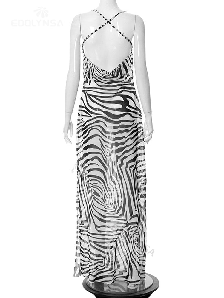 Zebra Pattern Spaghetti Strap Side Split Back Open Long Beach Dress Summer Clothes Women Beach Wear Swim Suit Cover Up The Clothing Company Sydney