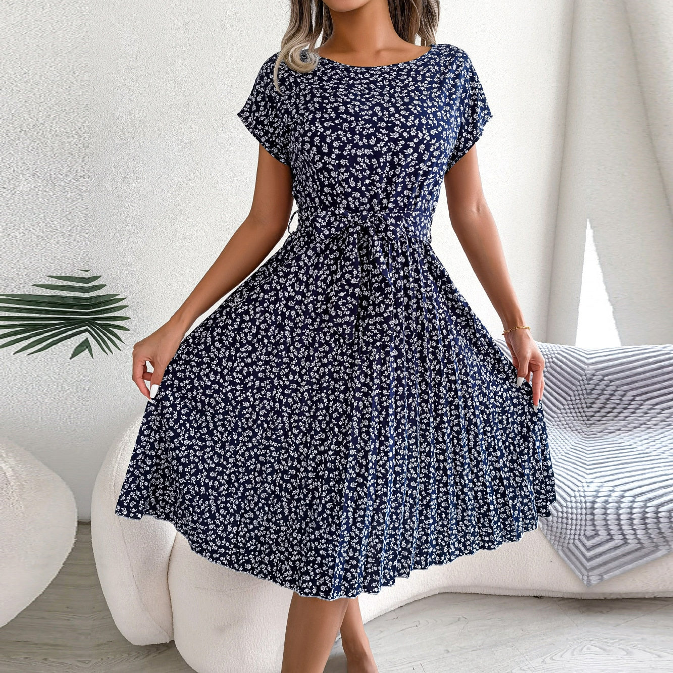 Floral Pleated A Line Long Dress Spring Summer Short Sleeve High Waist Chic Dress The Clothing Company Sydney