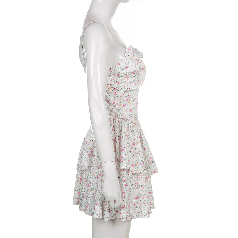 French Romantic Strap Floral Printing Summer Fashion Chic Ruffles Pleated Dress Mini Double Layer Dress The Clothing Company Sydney