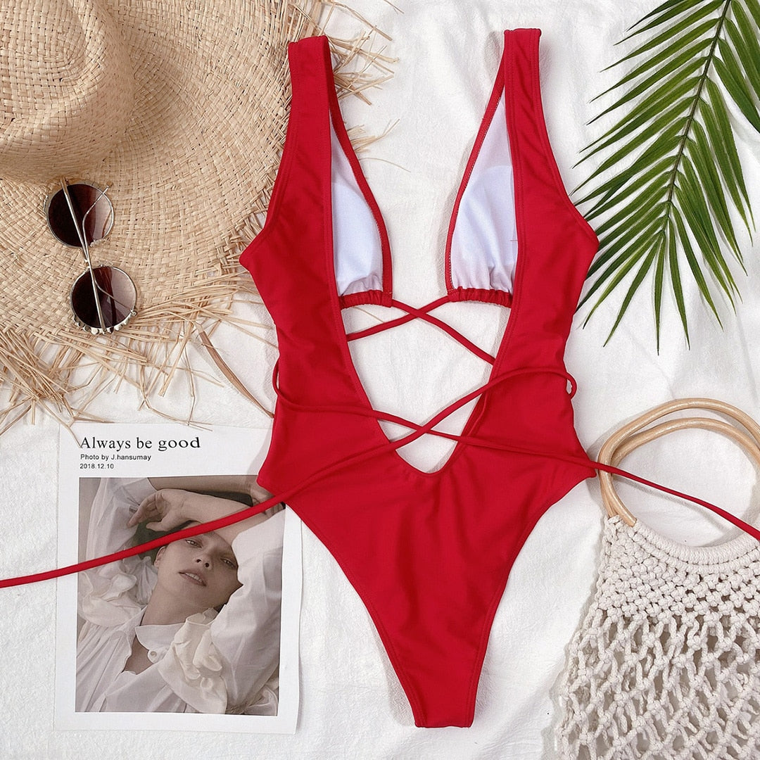 Bandage Wrap Around Tummy Cut Out Deep V Monokini One Piece Swimsuit Swimwear Bather Bathing Suit - The Clothing Company Sydney