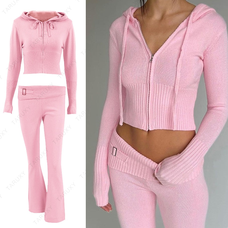 Women's Spring Outfits Casual Zipper Sweater Hoodie Set High Waist Flare Pants Suits Pink Knitted Y2k Two Piece Set The Clothing Company Sydney