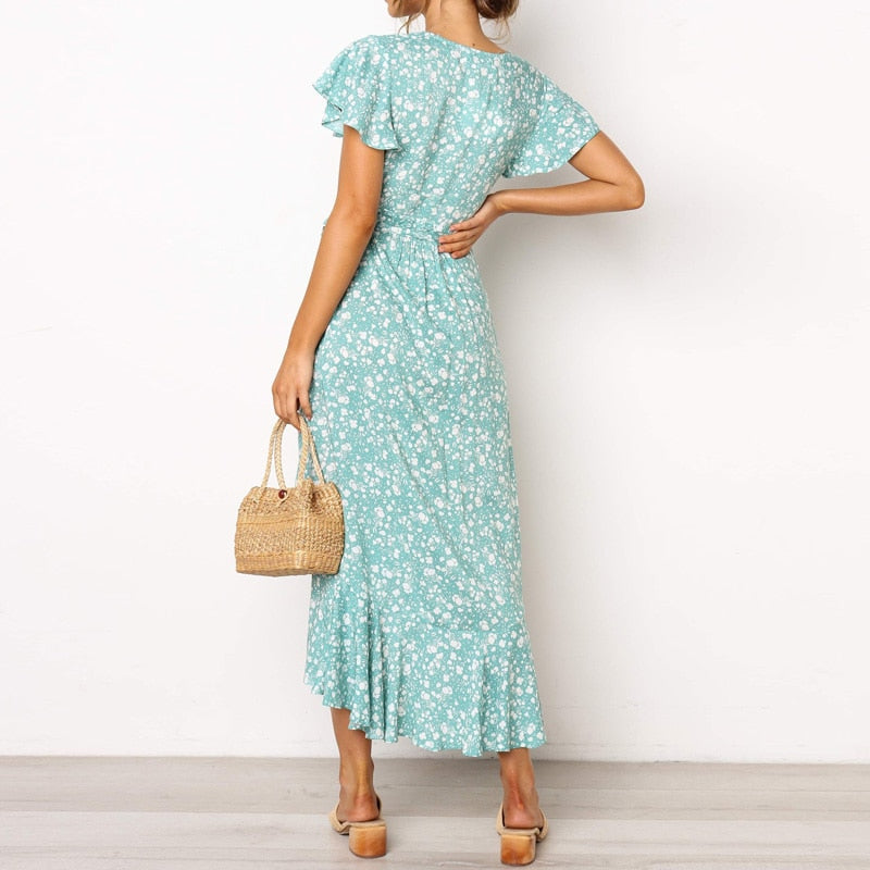 Summer Beach Long Women's Floral Print Boho V-Neck Slit Bodycon Wrap Maxi Party Ruffle Dress The Clothing Company Sydney