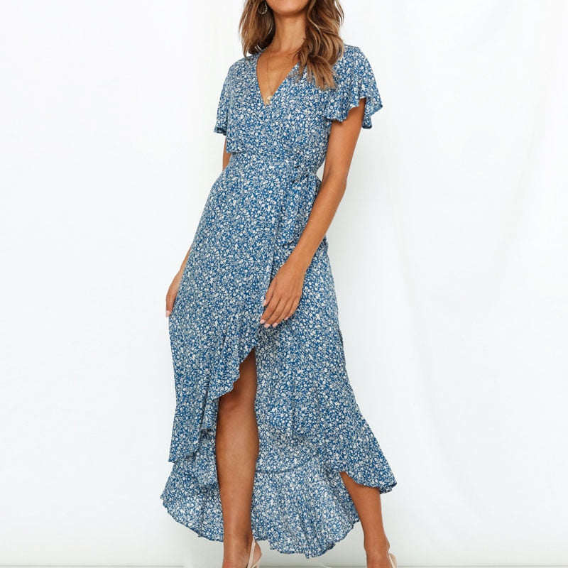 Summer Beach Long Women's Floral Print Boho V-Neck Slit Bodycon Wrap Maxi Party Ruffle Dress The Clothing Company Sydney