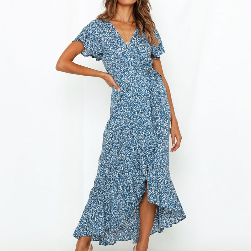 Summer Beach Long Women's Floral Print Boho V-Neck Slit Bodycon Wrap Maxi Party Ruffle Dress The Clothing Company Sydney