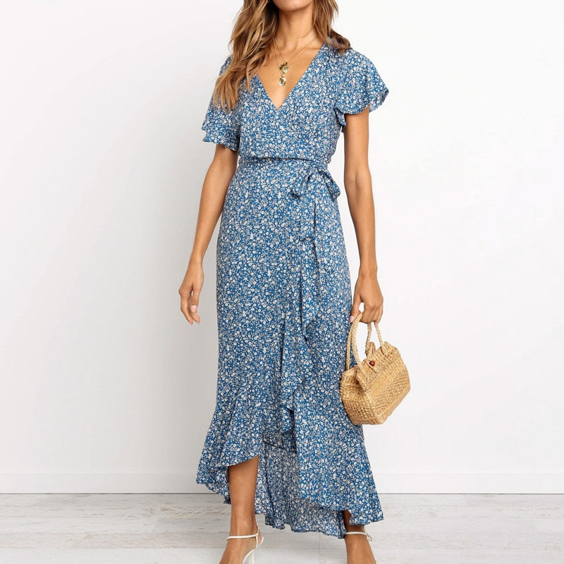 Summer Beach Long Women's Floral Print Boho V-Neck Slit Bodycon Wrap Maxi Party Ruffle Dress The Clothing Company Sydney