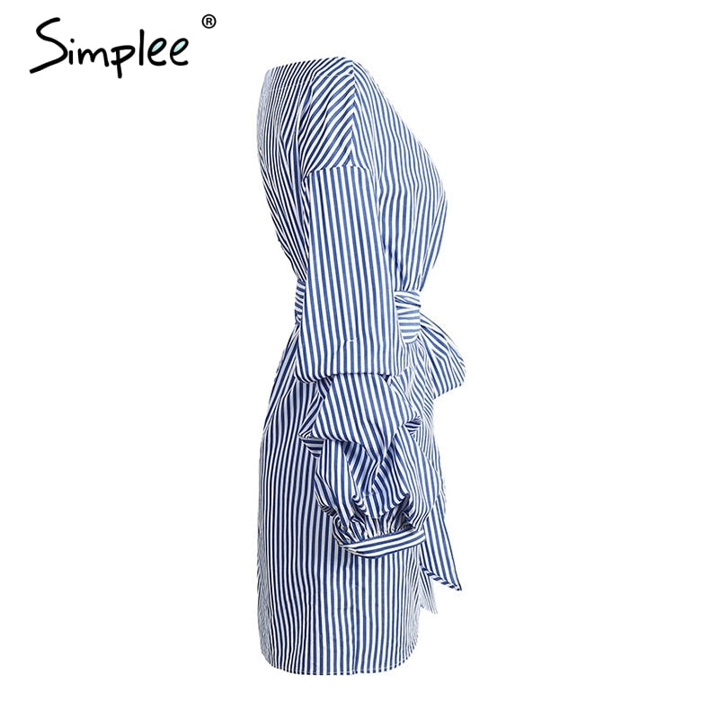 Off shoulder lantern sleeve wrap Blue stripe bow belt Autumn winter plaid shirt dress The Clothing Company Sydney