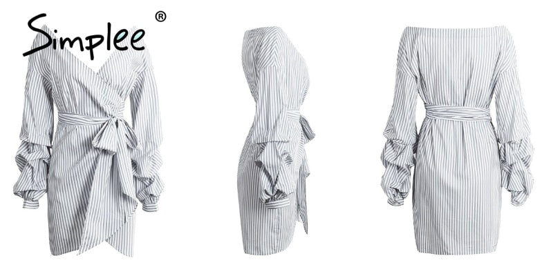 Off shoulder lantern sleeve wrap Blue stripe bow belt Autumn winter plaid shirt dress The Clothing Company Sydney