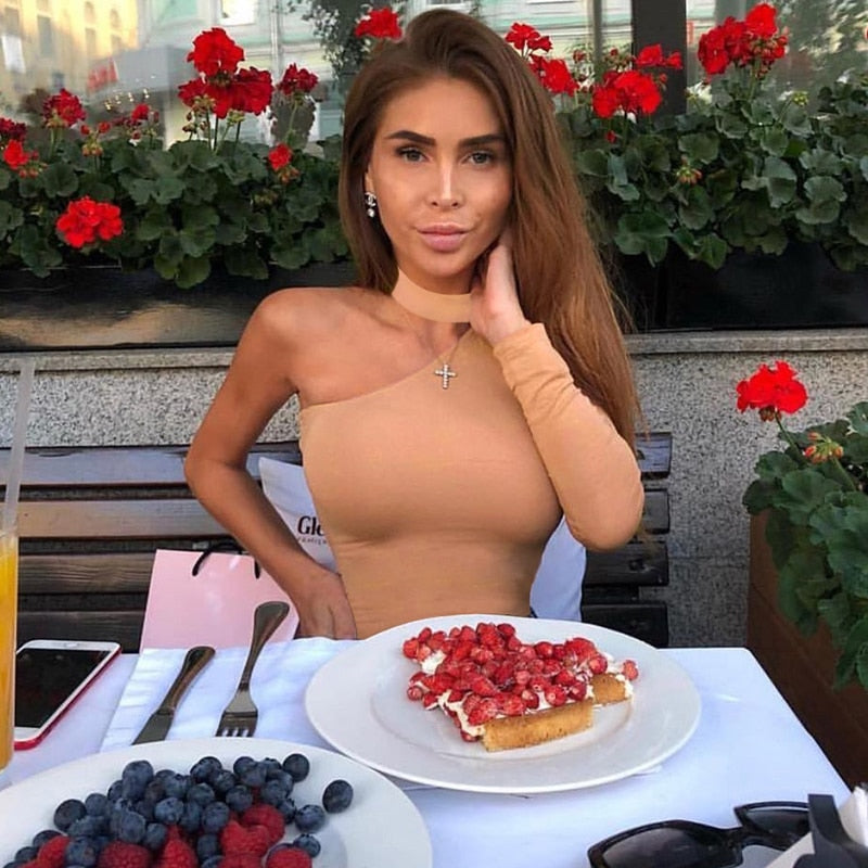 Cotton halter one shoulder Choker Long Sleeve bodysuit The Clothing Company Sydney