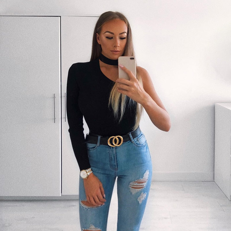 Cotton halter one shoulder Choker Long Sleeve bodysuit The Clothing Company Sydney