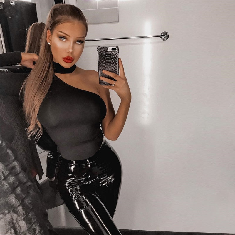 Cotton halter one shoulder Choker Long Sleeve bodysuit The Clothing Company Sydney