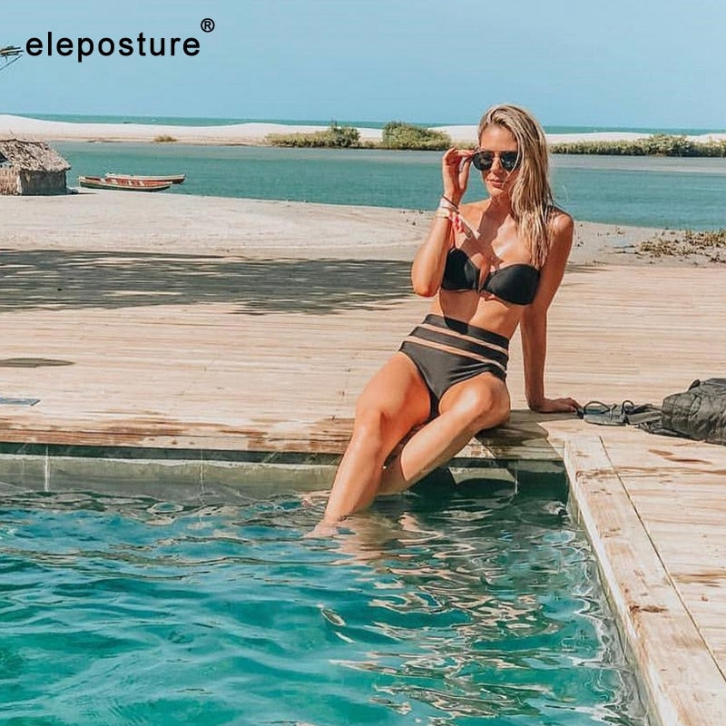 2 Piece High Waist Bikini Women Mesh Swimsuit Push Up Swimwear Off Shoulder Bikini Set Solid Bathing Suit Summer Beachwear The Clothing Company Sydney