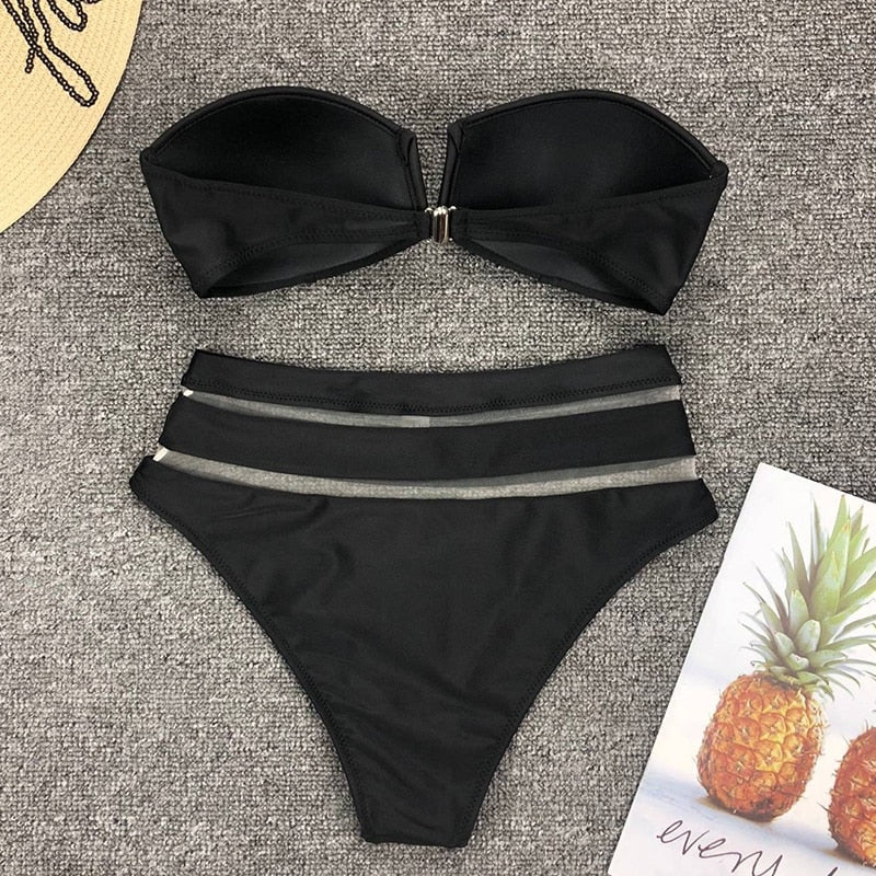 2 Piece High Waist Bikini Women Mesh Swimsuit Push Up Swimwear Off Shoulder Bikini Set Solid Bathing Suit Summer Beachwear The Clothing Company Sydney