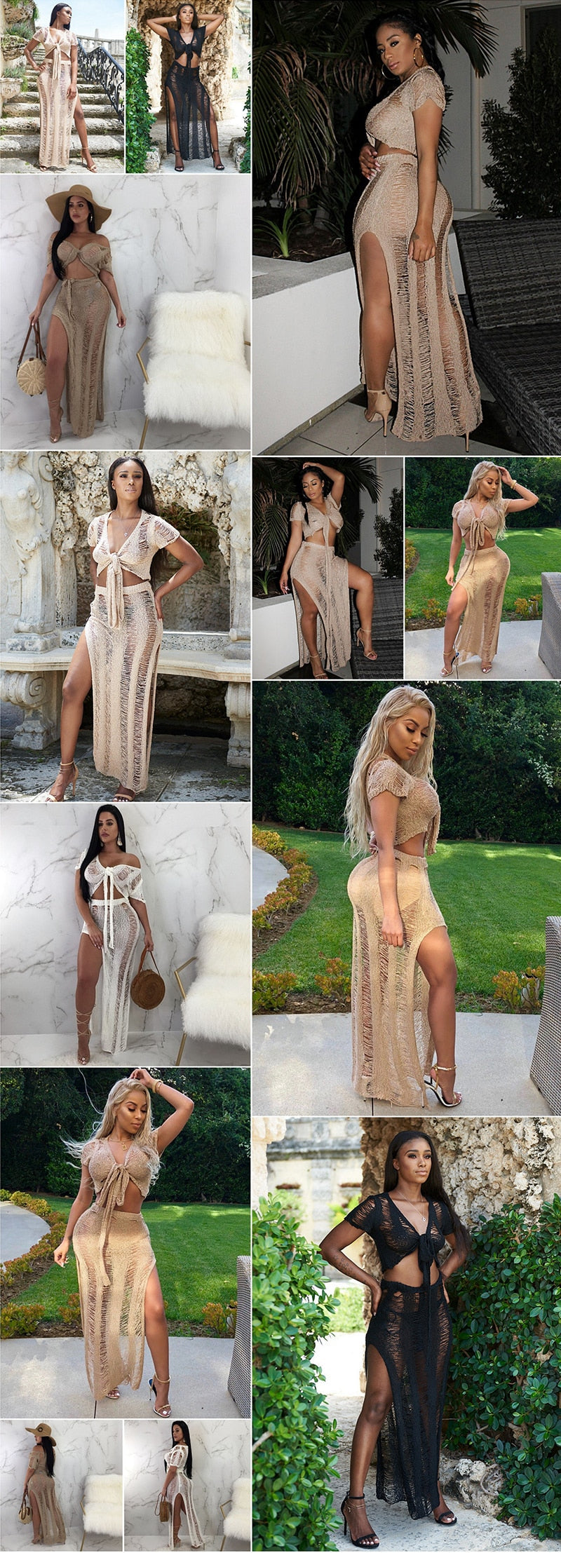 Bow Tie Hollow Out Knitted Two Piece Transparent Bandage Maxi Beach Casual Slim Summer Dress The Clothing Company Sydney