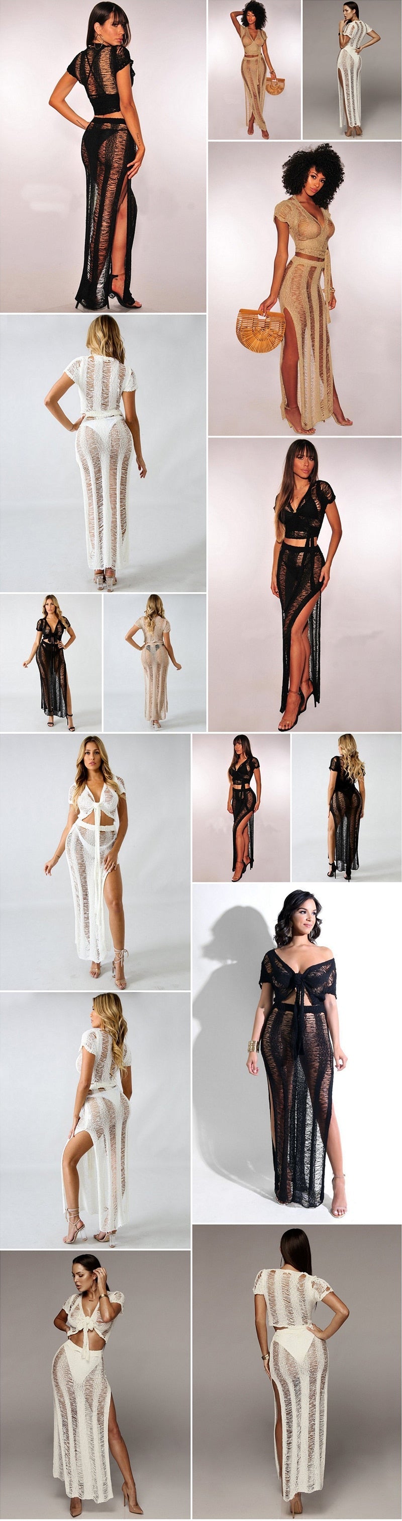 Bow Tie Hollow Out Knitted Two Piece Transparent Bandage Maxi Beach Casual Slim Summer Dress The Clothing Company Sydney