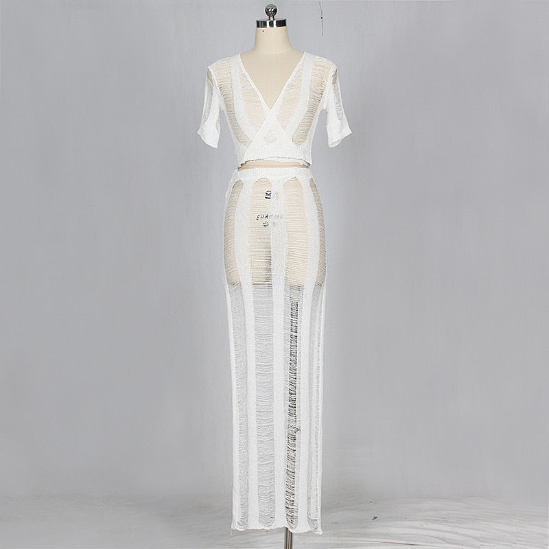 Bow Tie Hollow Out Knitted Two Piece Transparent Bandage Maxi Beach Casual Slim Summer Dress The Clothing Company Sydney