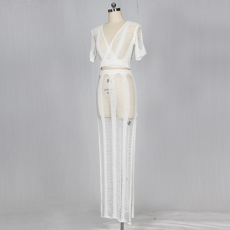 Bow Tie Hollow Out Knitted Two Piece Transparent Bandage Maxi Beach Casual Slim Summer Dress The Clothing Company Sydney