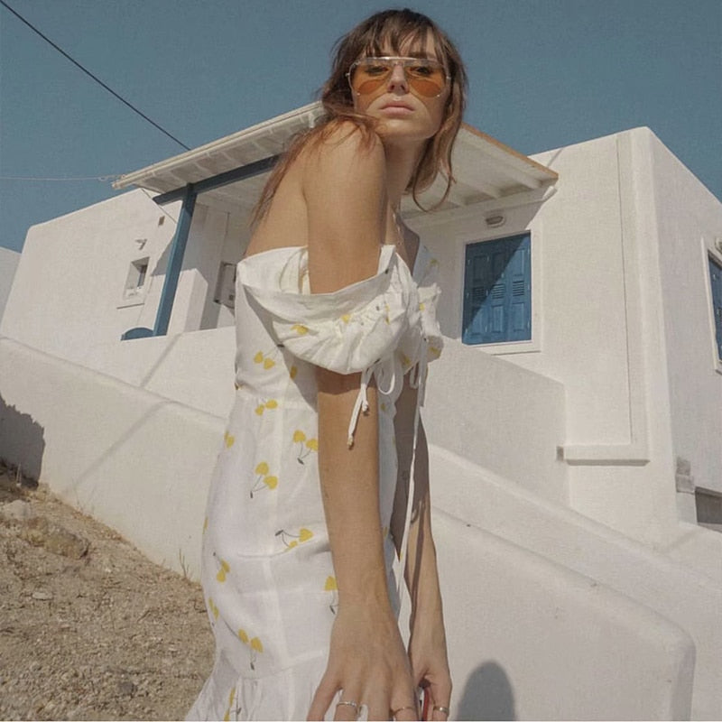 Elegant vintage summer white yellow cherry strap puff sleeve high waist lining silk-like beach mini dress The Clothing Company Sydney