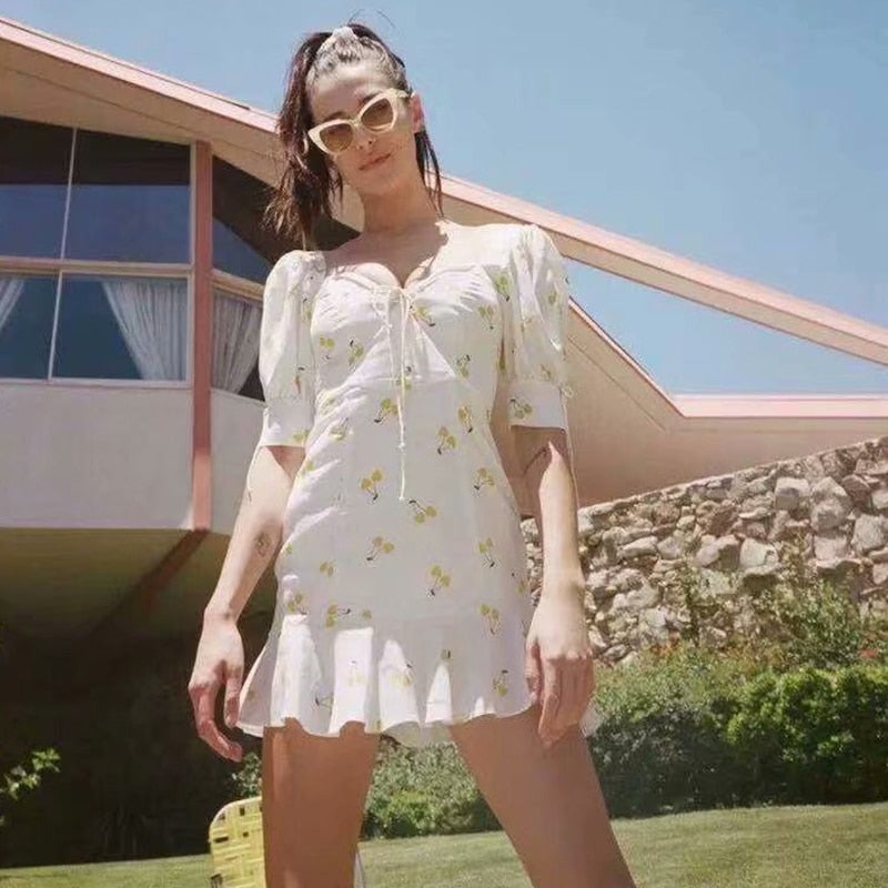 Elegant vintage summer white yellow cherry strap puff sleeve high waist lining silk-like beach mini dress The Clothing Company Sydney