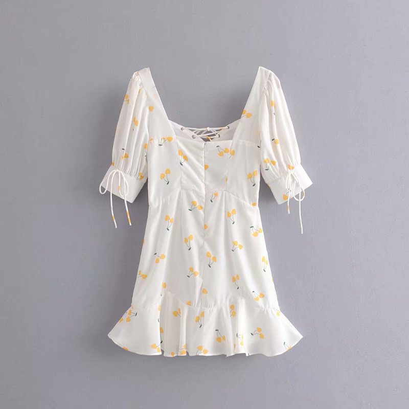 Elegant vintage summer white yellow cherry strap puff sleeve high waist lining silk-like beach mini dress The Clothing Company Sydney