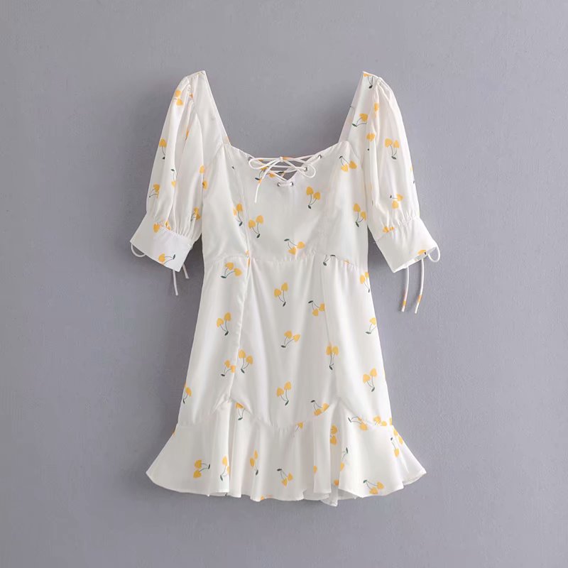 Elegant vintage summer white yellow cherry strap puff sleeve high waist lining silk-like beach mini dress The Clothing Company Sydney