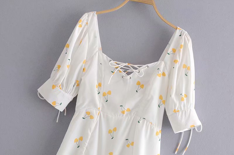 Elegant vintage summer white yellow cherry strap puff sleeve high waist lining silk-like beach mini dress The Clothing Company Sydney