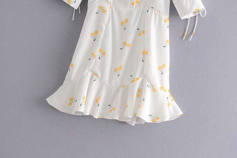 Elegant vintage summer white yellow cherry strap puff sleeve high waist lining silk-like beach mini dress The Clothing Company Sydney