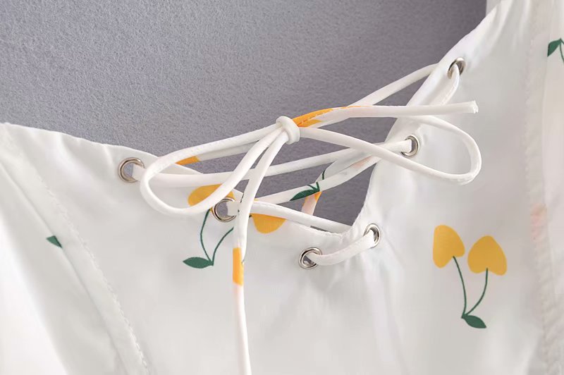 Elegant vintage summer white yellow cherry strap puff sleeve high waist lining silk-like beach mini dress The Clothing Company Sydney