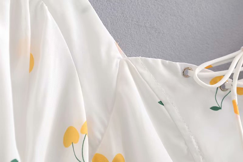 Elegant vintage summer white yellow cherry strap puff sleeve high waist lining silk-like beach mini dress The Clothing Company Sydney